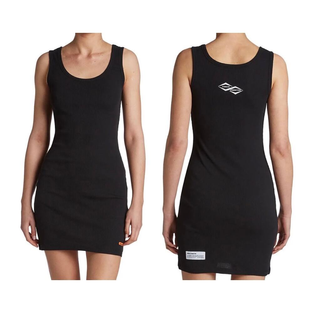 HERON PRESTON Black Rib Ribbed Knit Tank Mini Dress - Black White - Logo - XS